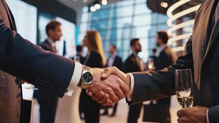 Business partners sealing deal with firm handshake at upscale networking event filled with champagne and celebration success