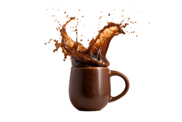 Brown coffee mug with splashing liquid isolated on transparent background