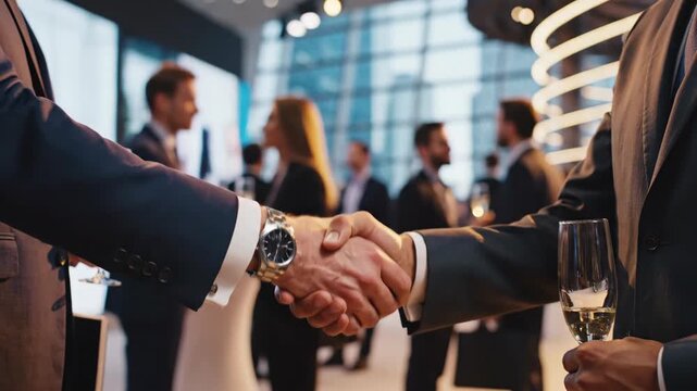 Business partners sealing deal with firm handshake at upscale networking event filled with champagne and celebration success