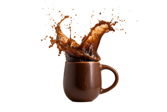 Brown coffee mug with splashing liquid isolated on transparent background - Powered by Adobe