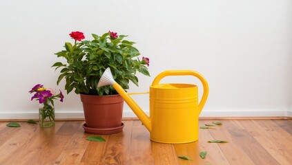 Yellow watering can for tending to indoor plants, efficient watering tool