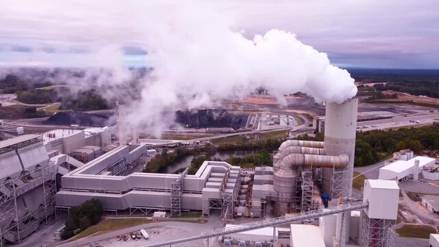 Coal power plant in Catawba on Lake Norman emits steam into a colorful sunset sky, aerial cinematic video.