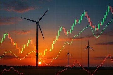 Wind energy market trends depicted through stock charts and sunset landscapes, clean energy investment