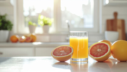 Freshly squeezed orange juice in a glass on a kitchen counter with grapefruit and oranges.