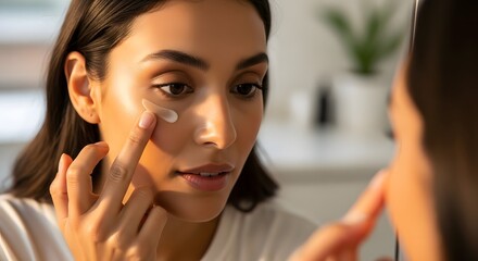 A woman applying eye cream in front of a mirror