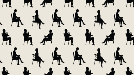 Engaging silhouettes of people sitting in chairs create a dynamic, conversational pattern for modern designs and backgrounds with a professional, sleek vibe