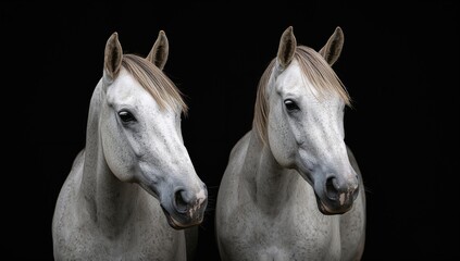 Obraz premium Two horses in close proximity with a dark background, showcasing focused companionship