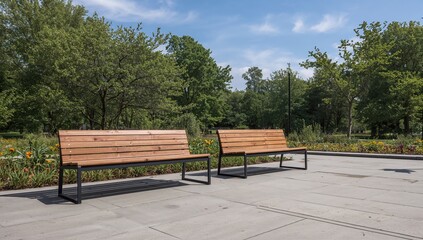 Two wooden benches positioned on a concrete surface in a park, offering a space for relaxation and reflection
