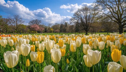 Tulip Field with white and yellow flowers, vibrant colors in springtime, seasonal change