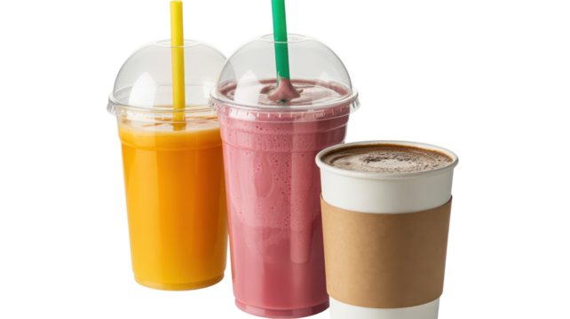 Selection of Refreshing Beverages Orange Juice Berry Smoothie and Coffee to Go on Transparent Background Ideal for a Morning Boost or Anytime Pick-Me-Up