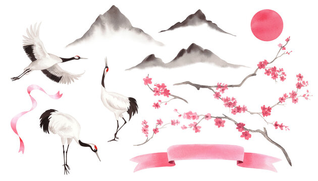 Cranes and sakura. Watercolor handmade collection of cranes, sakura, ribbons, mountains and sun. Delicate illustrations for fabric, wallpaper, greeting cards, design, decoration and illustration.