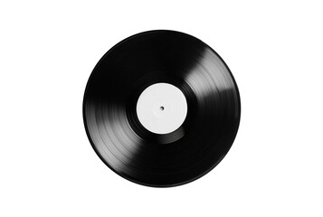 Obraz premium Classic black vinyl record with white label isolated on transparent background
