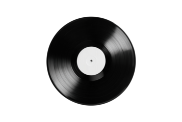 Classic black vinyl record with white label isolated on transparent background