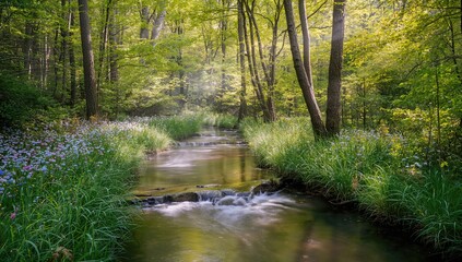 Obraz premium The stream flows among the trees during spring, highlighting seasonal change