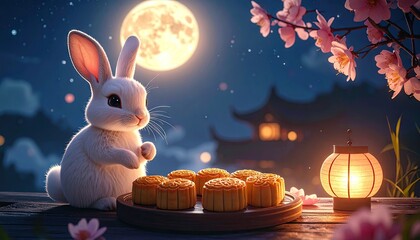 Fluffy White Rabbit Sits By A Plate Of Mooncakes Under A Bright Full Moon With A Japanese Pagoda In The Background And Cherry Blossoms In The Foreground During Nighttime