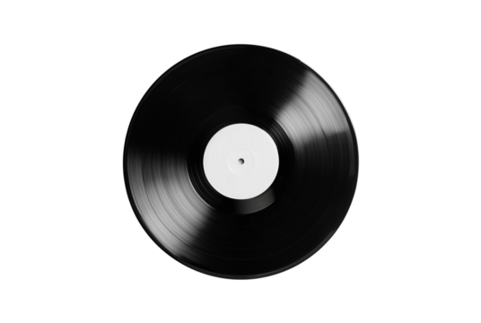Classic black vinyl record with white label isolated on transparent background - Powered by Adobe