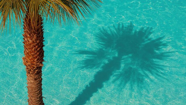 Palm tree shadow cast on a blue water surface, ideal for editorial header background