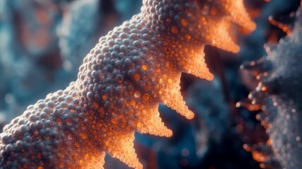 Macro View of Vibrant Orange Coral Polyps Underwater with Glowing Tips and Blue Background