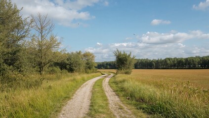 A dirt path running through an expansive field bordered by trees and shrubs, showcasing seasonal change
