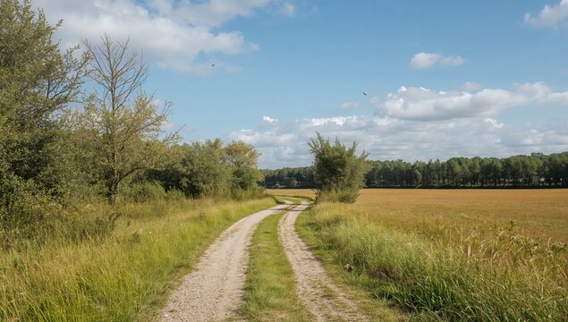 A dirt path running through an expansive field bordered by trees and shrubs, showcasing seasonal change