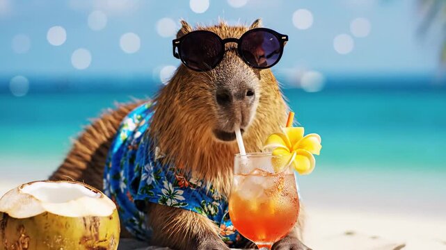 Relaxing capybara enjoying tropical beach vacation with cocktail and coconut drink.