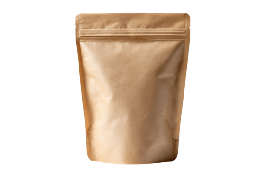 Empty brown kraft paper stand up pouch bag isolated on transparent background