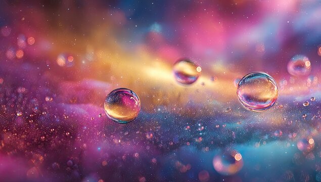Glowing water droplets float above an ethereal, colorful, and dreamy cosmic nebula backdrop