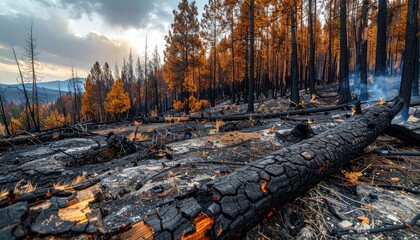 Forest Fire Aftermath Showing Smoldering Embers on Charred Ground and Scorched Trees Under a Smoky Sunset Sky in a Mountainous Region