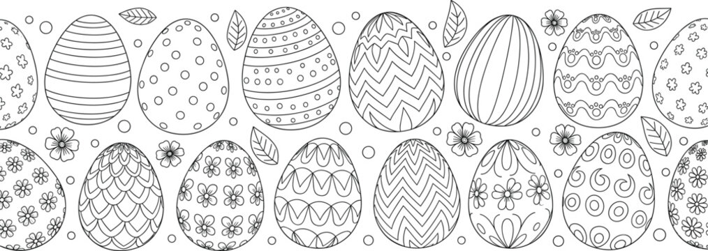 Easter egg coloring illustration—black-and-white floral, striped, and dotted patterns for spring activity, decor, and festive design visuals