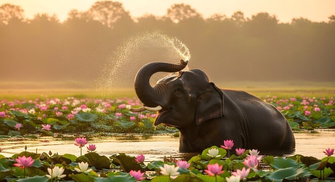 Asian Elephant bathing  in the morning at lotus flower lake 
