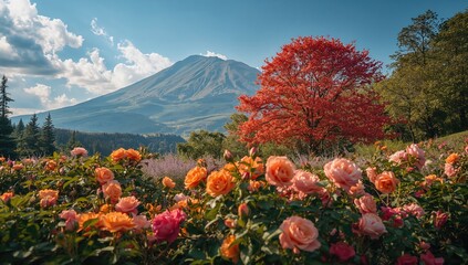 Rose petals on a tree amidst a mountain landscape, seasonal change