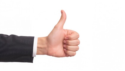 Male hand showing thumbs up gesture, symbolizing positivity and success in professional settings
