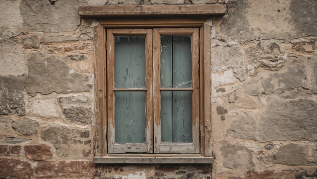 Vintage window against old stone wall, ideal for editorial header background