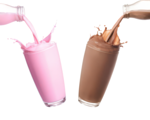 Strawberry milk and chocolate milk pouring into the glass refreshing drinks with splash effect of milk and chocolate stream pouring from bottle on transparent background