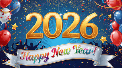 New Year Celebration 2026: A festive scene bursts with anticipation as the year 2026 is announced with a celebratory banner and colorful party decor, inviting the viewer into a world of joy, renewal.