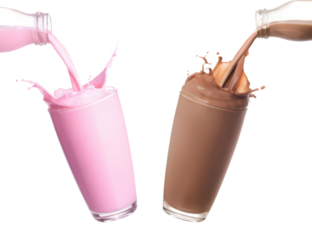 Strawberry milk and chocolate milk pouring into the glass refreshing drinks with splash effect of milk and chocolate stream pouring from bottle on transparent background
