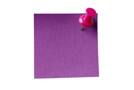 Bright purple glitter sticky note with red pushpin isolated on transparent background