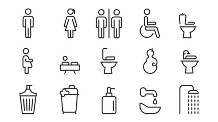Modern restroom icon set for hotel or hospital designs, offering clear signage and universal symbols in a simple, accessible line art style