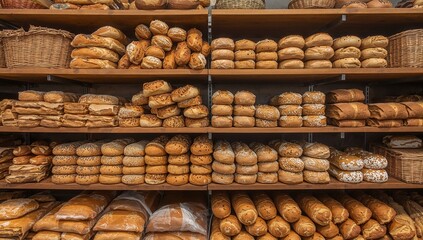 Stacks of freshly baked bread in a bakery, ideal for culinary display