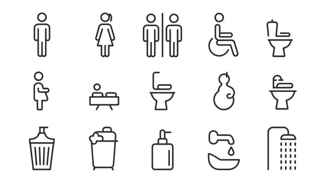 Modern restroom icon set for hotel or hospital designs, offering clear signage and universal symbols in a simple, accessible line art style