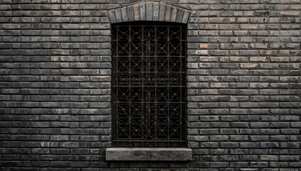 Old iron window featuring a lattice design against a gray brick wall, architectural preservation
