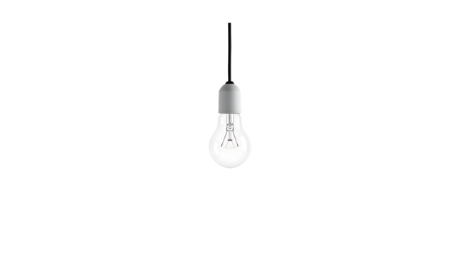 Single incandescent light bulb hanging from a cord with white socket isolated on a transparent background