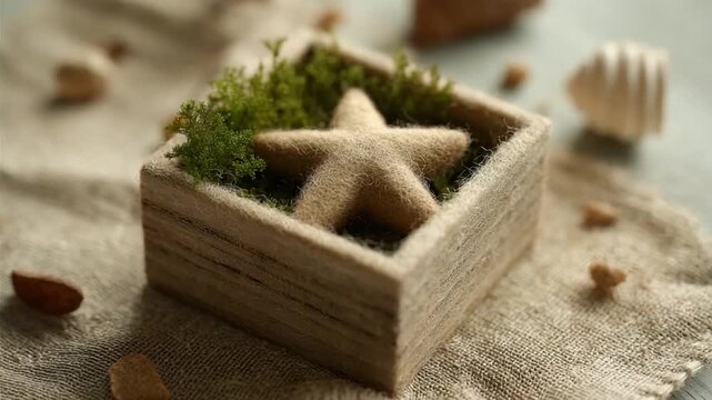 Starfish in a Wooden Box: A starfish rests serenely in a rustic wooden box, surrounded by sprigs of moss, creating a peaceful scene that whispers of coastal tranquility. 