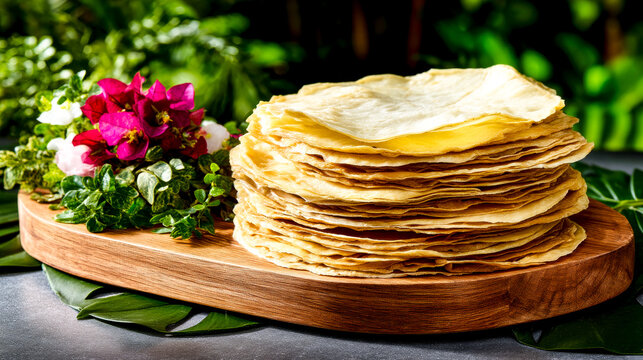 A tall stack of traditional thin yufka bread or pane carasau on a wooden board with fresh flowers.