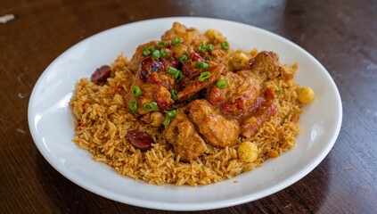 Chicken biryani, fried rice, and chili chicken curry, traditional Indian cuisine, fiber-dense choice