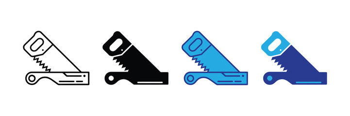 Four different styles of hand saw icons in black outline blue and purple isolated on white background