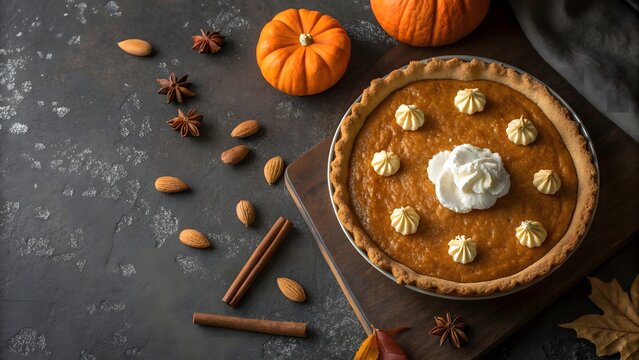 Delicious pumpkin pie with whipped cream and autumn decorations