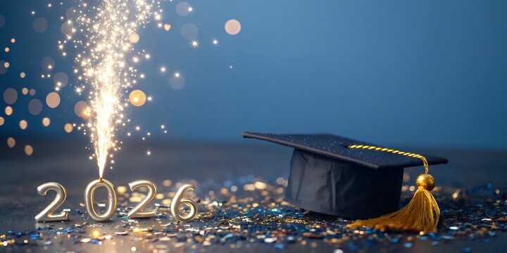 Sparkling graduation celebration with the year 2026 a cap and confetti marking a momentous academic achievement