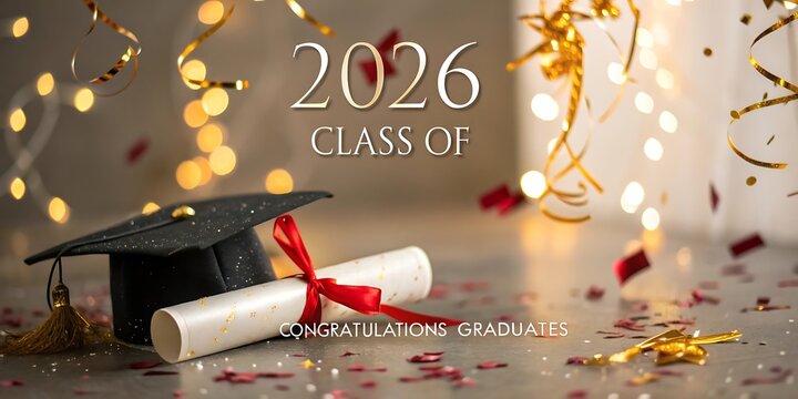 Celebrate the class of 2026 with a graduation cap diploma and festive confetti amidst sparkling lights