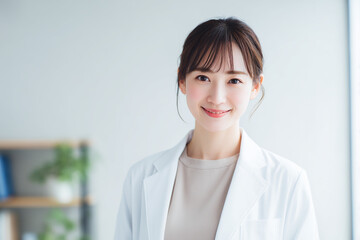 白衣を着て微笑む若い女性研究者または医師（専門職、医療、コピースペース） / Young female researcher or doctor smiling in a white coat (Professional, medical, copy space)